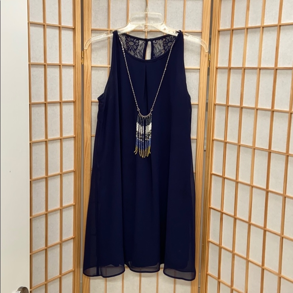 BCX Sleeveless Navy Lace-Back  Mini  Dress With beaded Chain